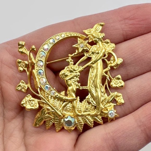 Fairy Brooch, Kirks Folly, Cherub, Crescent Moon, Gold Plated, Flowers, Signed - Picture 2 of 3